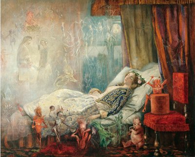 ""Le reve apres le bal masque"" (Maskeli balodan sonraki rüya) Peinture de John Anster Fitzgerald (1832-1906), - Tuval üzerine yağlı boya, 35,5x44,5 - Özel Koleksiyon by John Anster Fitzgerald