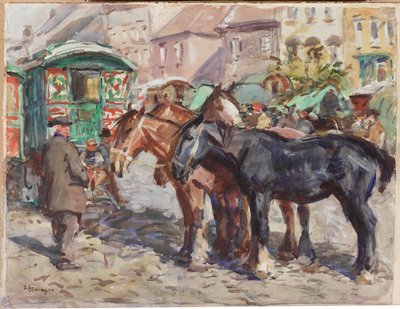 Arka planda evleri olan siyah at (kağıt üzerinde kalem ve wc) by John Atkinson