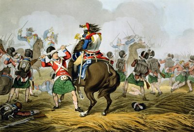 Waterloo Savaşında Fransız Süvarileri, Highlanders ve Scots Greys tarafından Suçlandı ve Yenildi, Matthew Dubourg (fl.1813-20) tarafından 