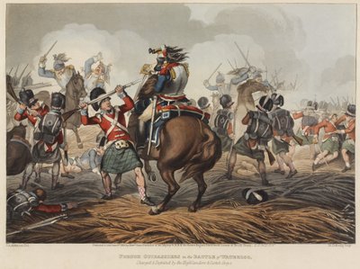 Waterloo savaşında Fransız Cuirassiers, Highlanders ve Scotch Greys tarafından suçlandı ve mağlup edildi, M. Dubourg tarafından oyulmuş, 1819 (renkli aquatint) by John Augustus Atkinson