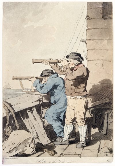 Her biri kendi teleskopunu (uzun görüş) taşıyan iki pilot, müstahkem bir binanın platformundan denize bakarak gözetleme yapıyor by John Augustus Atkinson