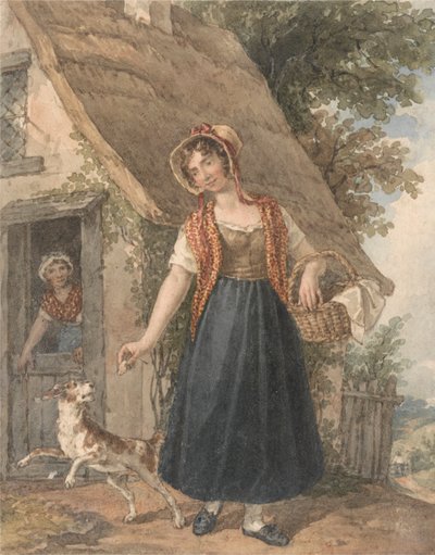 Kulübe Kapısının Dışında Köpekli Genç Kadın by John Augustus Atkinson
