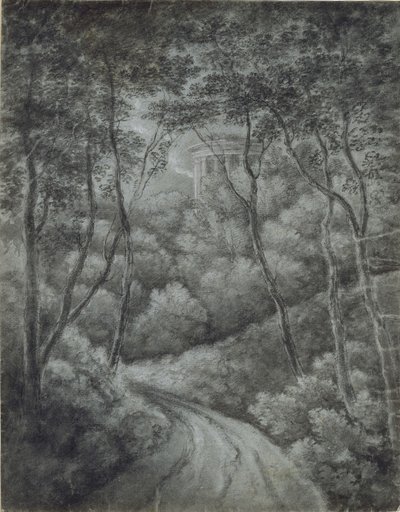 Bir Ormandan Geçen Bir Yol ve klasik bir Tapınak ile manzara (mavi kağıt üzerinde yumuşak grafit ve beyaz tebeşir) by John Baptist Malchair