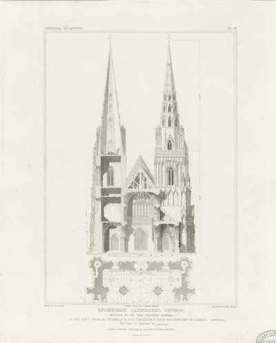 Lichfield Katedrali - Batı Cephesi: gravür, nd [c 1819] by John Britton