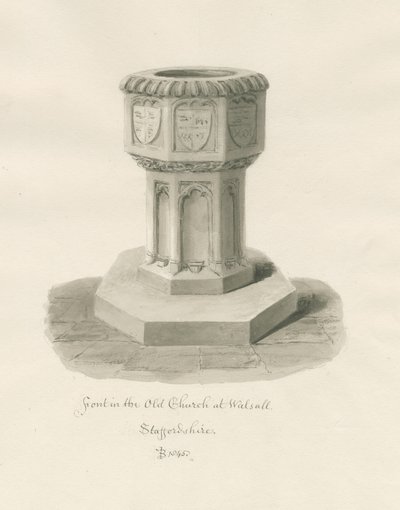 Walsall Kilisesi'nde ['Eski'] yazı tipi: sepya yıkama çizimi by John Buckler