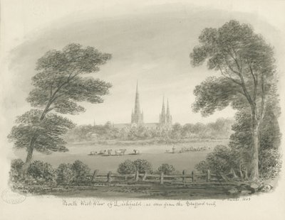 Lichfield Katedrali - Kuzey Batı Görünümü (uzaktan): sepya çizimi by John Buckler
