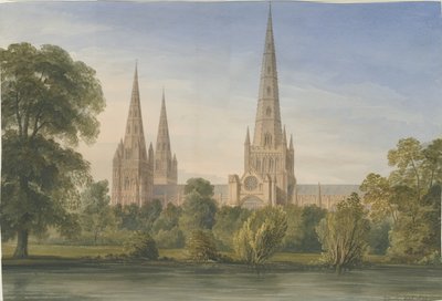 Lichfield Katedrali - Güney Güney Doğu Görünümü: sulu boya boyama, 1842 by John Buckler