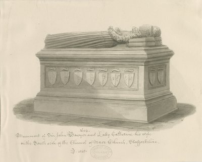 Maer Kilisesi - Sir John Bowyer ve Lady Catherine Anıtı: sepya yıkama çizimi, 1843 by John Buckler