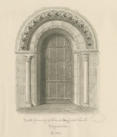 Mayfield Kilisesi - Güney Kapısı: sepya yıkama çizimi, 1839 by John Buckler