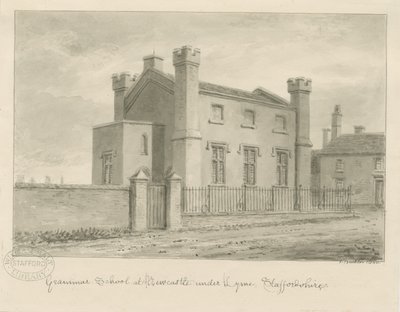 Newcastle-under-Lyme - Gramer Okulu: sepya yıkama çizimi, 1840 by John Buckler
