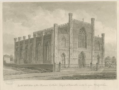 Newcastle-under-Lyme - Roma Katolik Şapeli: sepya yıkama çizimi, 1840 by John Buckler