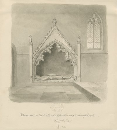 Norbury Kilisesi - Ralph le Boteler Anıtı: sepya yıkama çizimi, 1843 by John Buckler