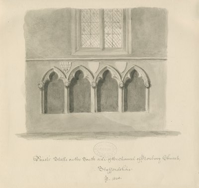 Norbury Kilisesi - Rahipler" tezgahları: sepya yıkama çizimi, 1843 by John Buckler