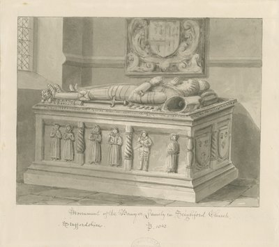 Seighford Kilisesi - William ve Mercy Bowyer Mezarı: sepya yıkama çizimi, 1842 by John Buckler