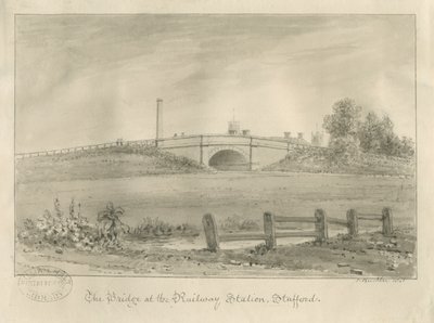 Stafford - Tren İstasyonunda Köprü: sepya çizimi, 1841 by John Buckler