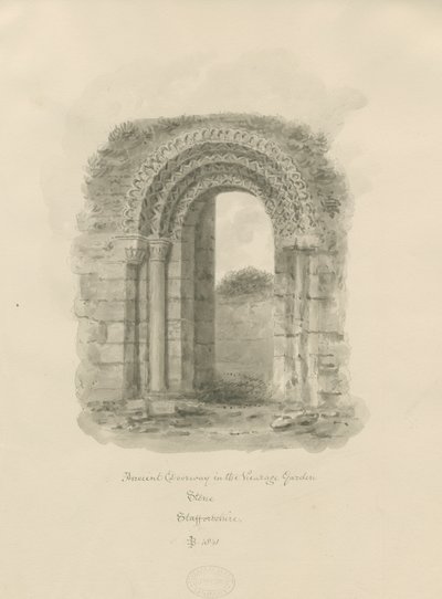 Taş - Papaz Bahçesindeki Antik Kapı: sepya çizimi, 1841 by John Buckler