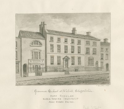 Walsall Town - Gramer Okulu: sepya yıkama çizimi, 1845 by John Buckler