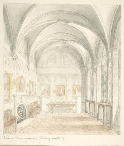 Lea Castle, Worcestershire, Yemek Odası Güneye Bakıyor, ca. 1816. by John Carter.