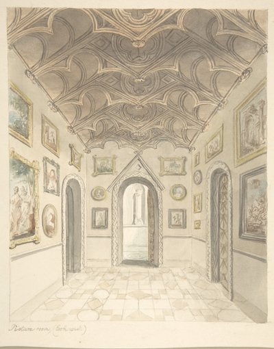 Lea Castle, Worcestershire, Resim Odası, Batıya Bakış, ca. 1816. by John Carter.