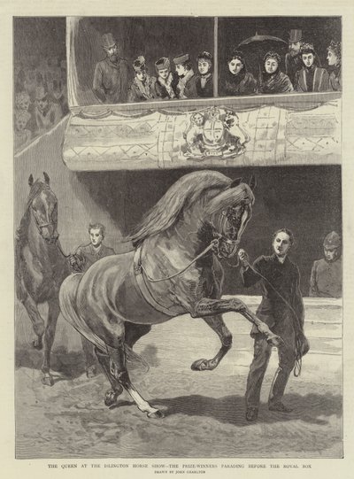 Islington Horse Show'da Kraliçe, Kraliyet Kutusu önünde geçit töreni yapan Ödül Kazananlar by John Charlton