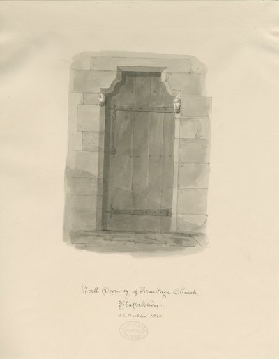 Armitage Kilisesi - Kuzey Kapısı: sepya çizimi by John Chessell Buckler