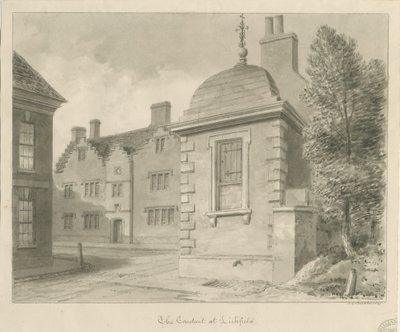 Lichfield - Küçükler Okulu ve Conduit: sepya çizimi by John Chessell Buckler