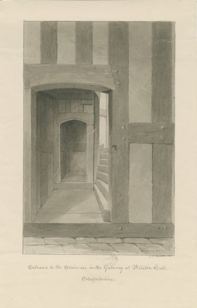Pillaton Salonu - Kapı Evinin İçi: sepya çizimi by John Chessell Buckler