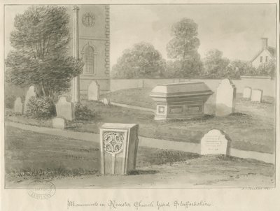 Rocester Kilisesi - Anıtlar ve Kilise avlusu: sepya çizimi by John Chessell Buckler