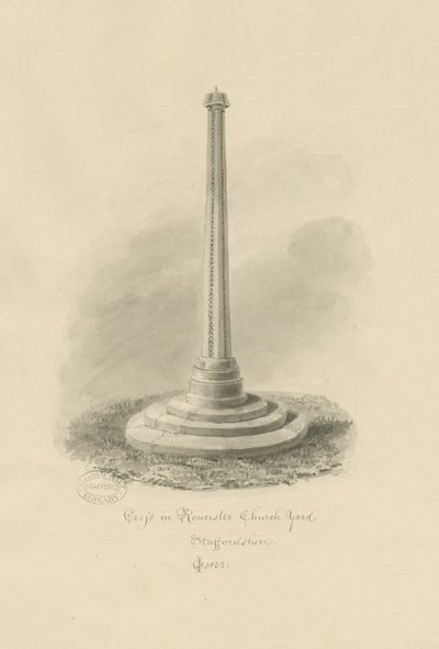 Rocester Churchyard - Haç: sepya çizimi by John Chessell Buckler