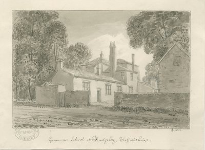 Rugeley Town - Gramer Okulu: sepya yıkama çizimi, 1824 by John Chessell Buckler