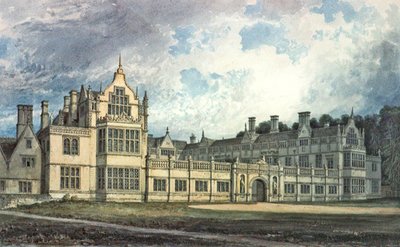 Rushton Hall, Northamptonshire: Güneydoğudan görünüm (wc) by John Chessell Buckler