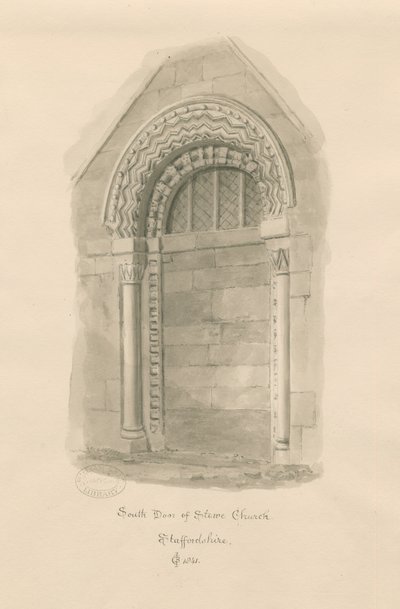 Stowe Kilisesi - Güney Kapısı: sepya çizimi by John Chessell Buckler