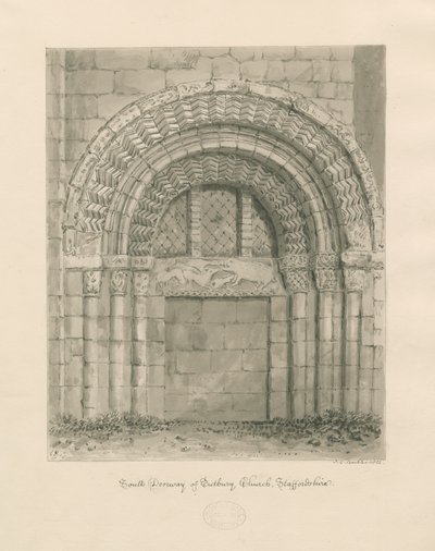 Tutbury Manastırı Kilisesi - Güney Kapısı: sepya yıkama çizimi, 1812 by John Chessell Buckler