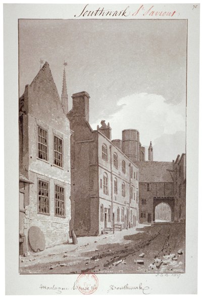 Montague House ağ geçidine bakan görünüm, Southwark, Londra, 1827 by John Chessell Buckler