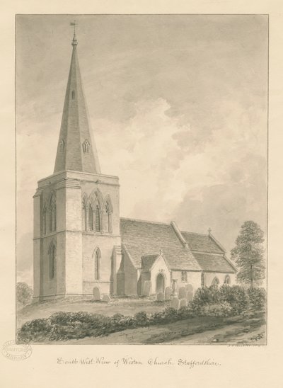 Weston-on-Trent Kilisesi: sepya çizimi by John Chessell Buckler