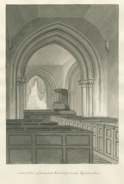Worcestershire - Droitwich - Dodderhill Kilisesi İçişleri: sepya çizimi by John Chessell Buckler