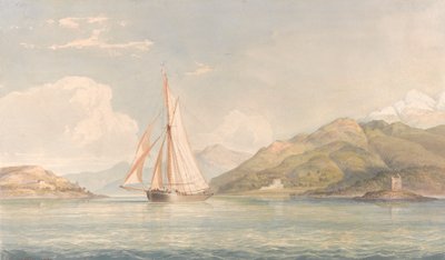 Arka Planda Dağlar ile Sola Yelkenli Tekne by John Christian Schetky