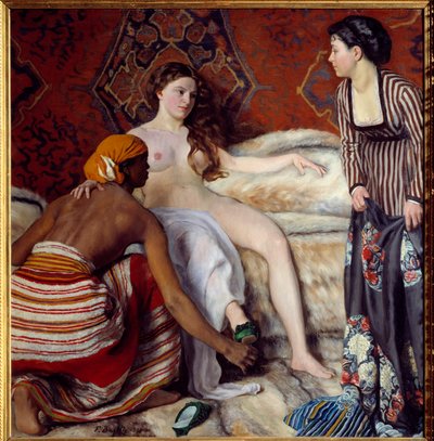 Oryantalizm: “” Tuvalet” İki bakiresinin yardım ettiği genç beyaz bir kadının tuvaleti var. Frederic Bazille