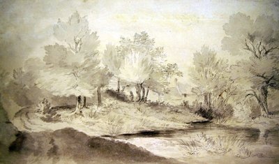 Uzakta Kulübeler Olan Bir Suffolk Göleti (kalem ve kağıt üzerinde yıkayın) by John Constable