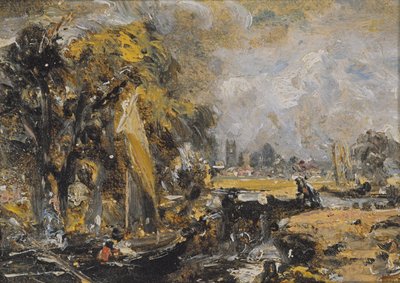 Dedham Lock, c.1819 (tuval üzerine serilmiş kağıt üzerine yağlı boya) by John Constable