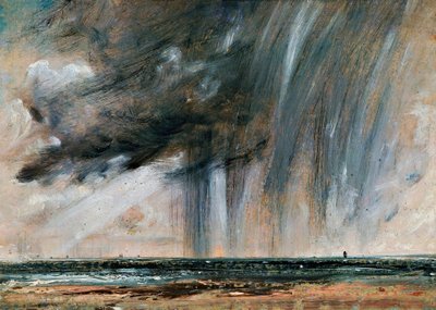 Deniz üzerinde yağmur fırtınası, yağmur bulutlu deniz manzarası çalışması, yaklaşık 1824-1828, John Constable (1776-1837), tuval üzerine kağıt üzerine yağlıboya, 22,2x31 cm by John Constable