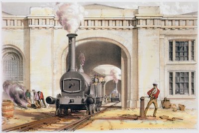 Lokomotif makine dairesinin girişi, Camden Town, Londra, 1839 by John Cooke Bourne