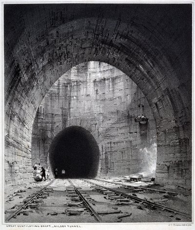 Büyük havalandırma şaftı, Kilsby Tüneli, Northamptonshire, 1838 (kalem ve mürekkep ve kağıt üzerinde yıkama) by John Cooke Bourne