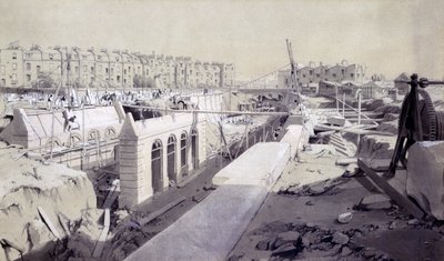 Mornington Crescent - Hat yapım aşamasında, Eylül 1836 (kalem ve mürekkep ve kağıt üzerinde yıkama) by John Cooke Bourne