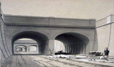 Üç köprülü Euston İstasyonu yakınından görünüm, Eylül 1837 (kalem ve mürekkep ve kağıt üzerinde yıkama) by John Cooke Bourne