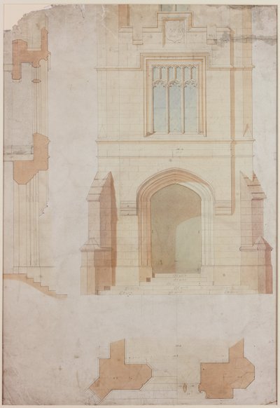 Elevation, Section and Plan of the Main Entrance of Holme Eden (pen and ink and wash (blue and brown and yellow) on paper (on paper)) by John Dobson
