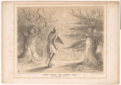 Spotpret, Lord Russell als Tancredi ile görüştü Tankred büyülü ormana giriyor. Vide Kudüs Teslim Edildi. Canto XIII (nesne üzerindeki başlık) HB Sketches (nesne üzerinde seri başlığı) by John Doyle