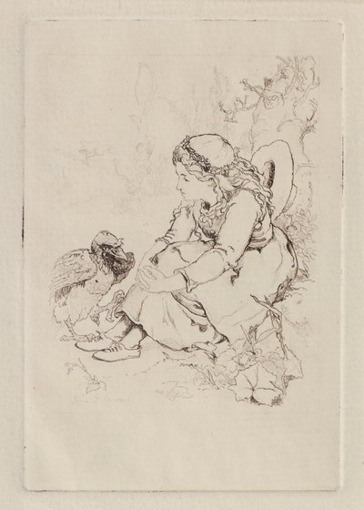 Oturan Kız ve Büyük Kuş (gravür) by John Duncan