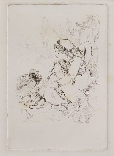 Oturan Kız ve Büyük Kuş (gravür) by John Duncan