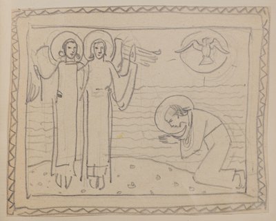 İsimsiz [Diz çöken figür ve iki melek] (kalem) by John Duncan